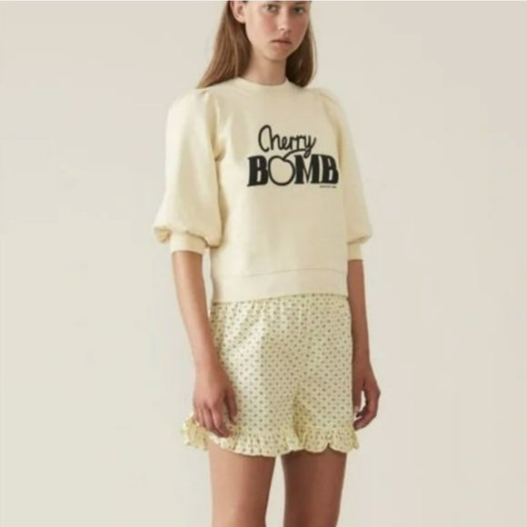 Ganni | Lott Isoli Cherry Bomb Puff Sleeve Sweatshirt Graphic Pullover Size L - Picture 2 of 14